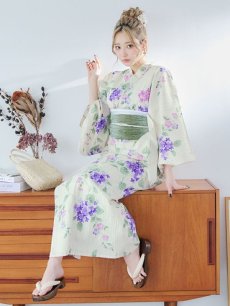 画像10: 【即日発送】クリームストライプ地x紫陽花浴衣 【浴衣3点セット 浴衣/帯/下駄】 [YMT] (10)