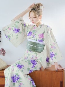 画像11: 【即日発送】クリームストライプ地x紫陽花浴衣 【浴衣3点セット 浴衣/帯/下駄】 [YMT] (11)