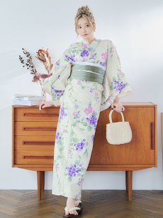 画像12: 【即日発送】クリームストライプ地x紫陽花浴衣 【浴衣3点セット 浴衣/帯/下駄】 [YMT] (12)