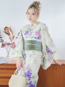 画像13: 【即日発送】クリームストライプ地x紫陽花浴衣 【浴衣3点セット 浴衣/帯/下駄】 [YMT] (13)