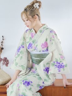 画像14: 【即日発送】クリームストライプ地x紫陽花浴衣 【浴衣3点セット 浴衣/帯/下駄】 [YMT] (14)