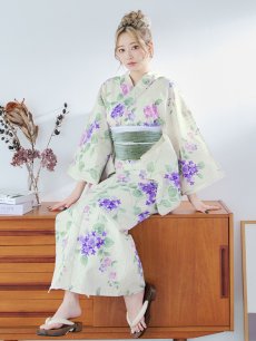 画像15: 【即日発送】クリームストライプ地x紫陽花浴衣 【浴衣3点セット 浴衣/帯/下駄】 [YMT] (15)