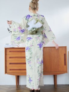 画像16: 【即日発送】クリームストライプ地x紫陽花浴衣 【浴衣3点セット 浴衣/帯/下駄】 [YMT] (16)
