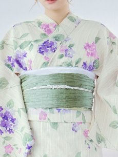 画像17: 【即日発送】クリームストライプ地x紫陽花浴衣 【浴衣3点セット 浴衣/帯/下駄】 [YMT] (17)