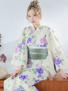 画像2: 【即日発送】クリームストライプ地x紫陽花浴衣 【浴衣3点セット 浴衣/帯/下駄】 [YMT] (2)