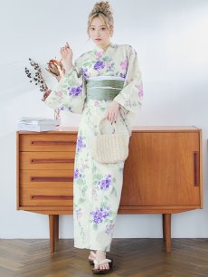 画像3: 【即日発送】クリームストライプ地x紫陽花浴衣 【浴衣3点セット 浴衣/帯/下駄】 [YMT] (3)