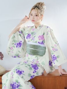 画像4: 【即日発送】クリームストライプ地x紫陽花浴衣 【浴衣3点セット 浴衣/帯/下駄】 [YMT] (4)