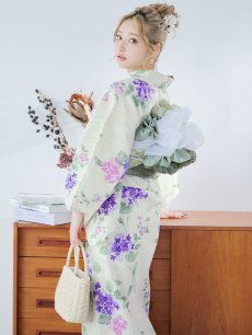 画像5: 【即日発送】クリームストライプ地x紫陽花浴衣 【浴衣3点セット 浴衣/帯/下駄】 [YMT] (5)