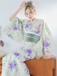 画像6: 【即日発送】クリームストライプ地x紫陽花浴衣 【浴衣3点セット 浴衣/帯/下駄】 [YMT] (6)