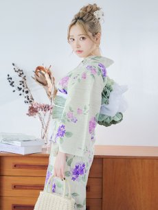 画像7: 【即日発送】クリームストライプ地x紫陽花浴衣 【浴衣3点セット 浴衣/帯/下駄】 [YMT] (7)