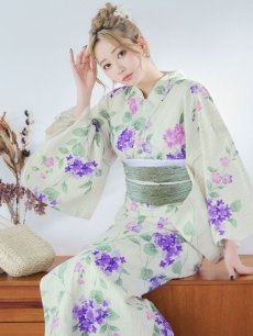 画像8: 【即日発送】クリームストライプ地x紫陽花浴衣 【浴衣3点セット 浴衣/帯/下駄】 [YMT] (8)