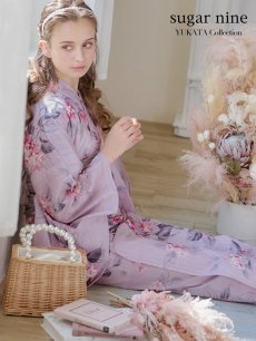 画像3: 【浴衣セール】【即日発送】ピンクストライプ地x紫陽花浴衣 【浴衣3点セット 浴衣/帯/下駄】 [YMT] (3)