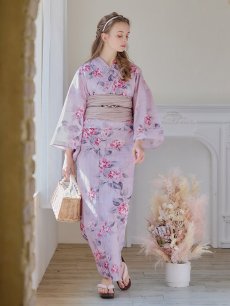 画像4: 【浴衣セール】【即日発送】ピンクストライプ地x紫陽花浴衣 【浴衣3点セット 浴衣/帯/下駄】 [YMT] (4)