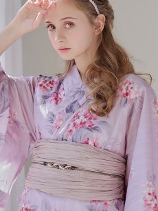 画像5: 【浴衣セール】【即日発送】ピンクストライプ地x紫陽花浴衣 【浴衣3点セット 浴衣/帯/下駄】 [YMT] (5)