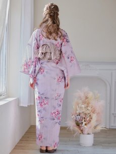 画像8: 【浴衣セール】【即日発送】ピンクストライプ地x紫陽花浴衣 【浴衣3点セット 浴衣/帯/下駄】 [YMT] (8)