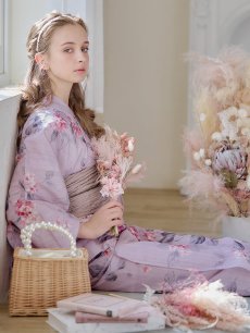 画像9: 【浴衣セール】【即日発送】ピンクストライプ地x紫陽花浴衣 【浴衣3点セット 浴衣/帯/下駄】 [YMT] (9)