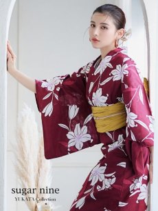 画像1: 【即日発送】【浴衣】エンジ×モダンハイビスカス浴衣 【浴衣3点セット 浴衣/帯/下駄】 [FB02] (1)