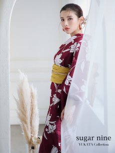 画像3: 【即日発送】【浴衣】エンジ×モダンハイビスカス浴衣 【浴衣3点セット 浴衣/帯/下駄】 [FB02] (3)