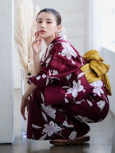 画像9: 【即日発送】【浴衣】エンジ×モダンハイビスカス浴衣 【浴衣3点セット 浴衣/帯/下駄】 [FB02] (9)