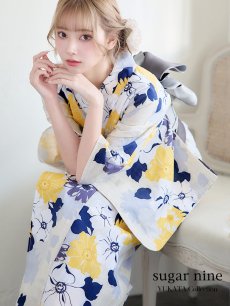 画像1: 【即日発送】【浴衣】イエローとブルーのニュアンス牡丹浴衣 【浴衣3点セット 浴衣/帯/下駄】 [FB02] (1)