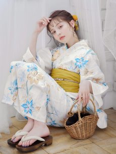 画像15: 【即日発送】ブルーとイエローのニュアンス水仙浴衣 【浴衣3点セット 浴衣/帯/下駄】 [FB02] (15)