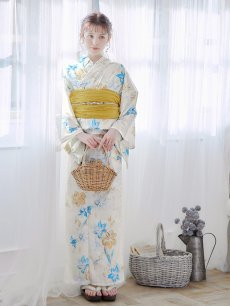 画像4: 【即日発送】ブルーとイエローのニュアンス水仙浴衣 【浴衣3点セット 浴衣/帯/下駄】 [FB02] (4)