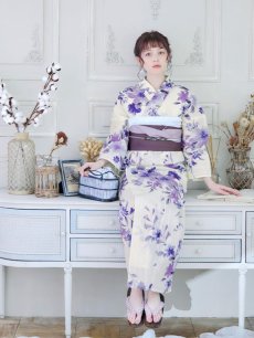画像11: 【即日発送】白地xパープルグラデーション浴衣 【浴衣3点セット 浴衣/帯/下駄】 [YMT] (11)