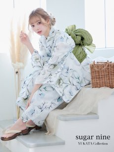 画像1: 【即日発送】水墨風イエロー×ブルー牡丹浴衣 (浴衣/帯/飾り紐/下駄4点セット) [YMT] (1)