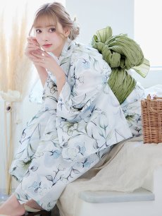 画像12: 【即日発送】水墨風イエロー×ブルー牡丹浴衣 (浴衣/帯/飾り紐/下駄4点セット) [YMT] (12)