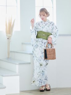 画像4: 【即日発送】水墨風イエロー×ブルー牡丹浴衣 (浴衣/帯/飾り紐/下駄4点セット) [YMT] (4)