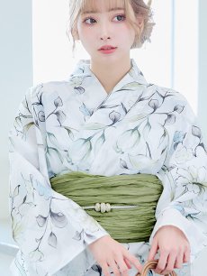 画像5: 【即日発送】水墨風イエロー×ブルー牡丹浴衣 (浴衣/帯/飾り紐/下駄4点セット) [YMT] (5)