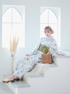 画像9: 【即日発送】水墨風イエロー×ブルー牡丹浴衣 (浴衣/帯/飾り紐/下駄4点セット) [YMT] (9)