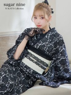 画像3: 【即日発送】ブラックレース浴衣 【浴衣3点セット 浴衣/帯/下駄】 [YMT] (3)