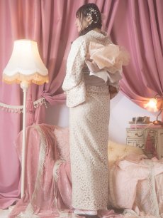 画像4: 【即日発送】くすみピンク地x小花レース浴衣 【浴衣3点セット 浴衣/帯/下駄】 [YMT] (4)