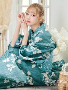 画像1: 【即日発送】【浴衣】アクアブルー椿浴衣 【浴衣3点セット 浴衣/帯/下駄】 [YMT] (1)