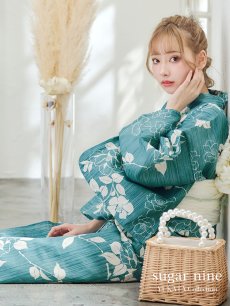 画像2: 【即日発送】【浴衣】アクアブルー椿浴衣 【浴衣3点セット 浴衣/帯/下駄】 [YMT] (2)