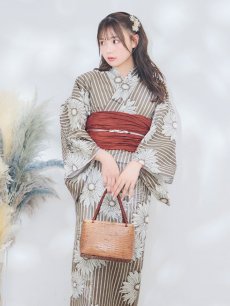 画像10: 【即日発送】ブラウンストライプにガーベラ花浴衣 【浴衣3点セット 浴衣/帯/下駄】 [YMT] (10)