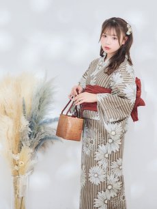画像11: 【即日発送】ブラウンストライプにガーベラ花浴衣 【浴衣3点セット 浴衣/帯/下駄】 [YMT] (11)