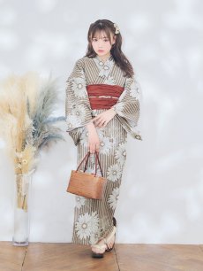 画像12: 【即日発送】ブラウンストライプにガーベラ花浴衣 【浴衣3点セット 浴衣/帯/下駄】 [YMT] (12)