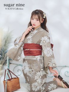 画像2: 【即日発送】ブラウンストライプにガーベラ花浴衣 【浴衣3点セット 浴衣/帯/下駄】 [YMT] (2)