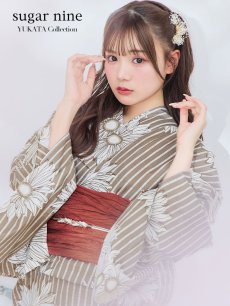 画像3: 【即日発送】ブラウンストライプにガーベラ花浴衣 【浴衣3点セット 浴衣/帯/下駄】 [YMT] (3)