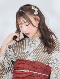 画像6: 【即日発送】ブラウンストライプにガーベラ花浴衣 【浴衣3点セット 浴衣/帯/下駄】 [YMT] (6)