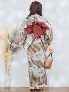 画像8: 【即日発送】ブラウンストライプにガーベラ花浴衣 【浴衣3点セット 浴衣/帯/下駄】 [YMT] (8)
