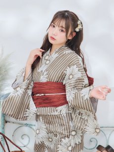 画像9: 【即日発送】ブラウンストライプにガーベラ花浴衣 【浴衣3点セット 浴衣/帯/下駄】 [YMT] (9)