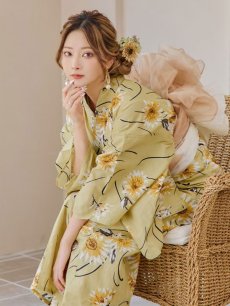 画像1: 【即日発送】くすみイエローマーガレット浴衣 【浴衣3点セット 浴衣/帯/下駄】 [YMT] (1)