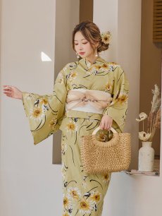 画像10: 【即日発送】くすみイエローマーガレット浴衣 【浴衣3点セット 浴衣/帯/下駄】 [YMT] (10)