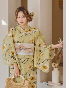 画像3: 【即日発送】くすみイエローマーガレット浴衣 【浴衣3点セット 浴衣/帯/下駄】 [YMT] (3)