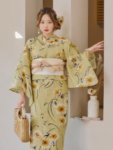 画像6: 【即日発送】くすみイエローマーガレット浴衣 【浴衣3点セット 浴衣/帯/下駄】 [YMT] (6)