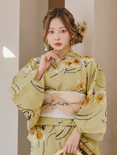 画像9: 【即日発送】くすみイエローマーガレット浴衣 【浴衣3点セット 浴衣/帯/下駄】 [YMT] (9)