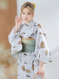 画像2: 【即日発送】グレー地×マーガレット浴衣 【浴衣3点セット 浴衣/帯/下駄】 [YMT] (2)